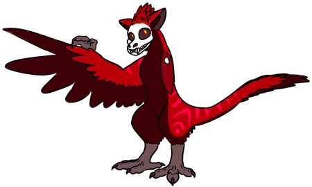 A maroon and red crylan with glowing red markings and an exposed skull on her face.